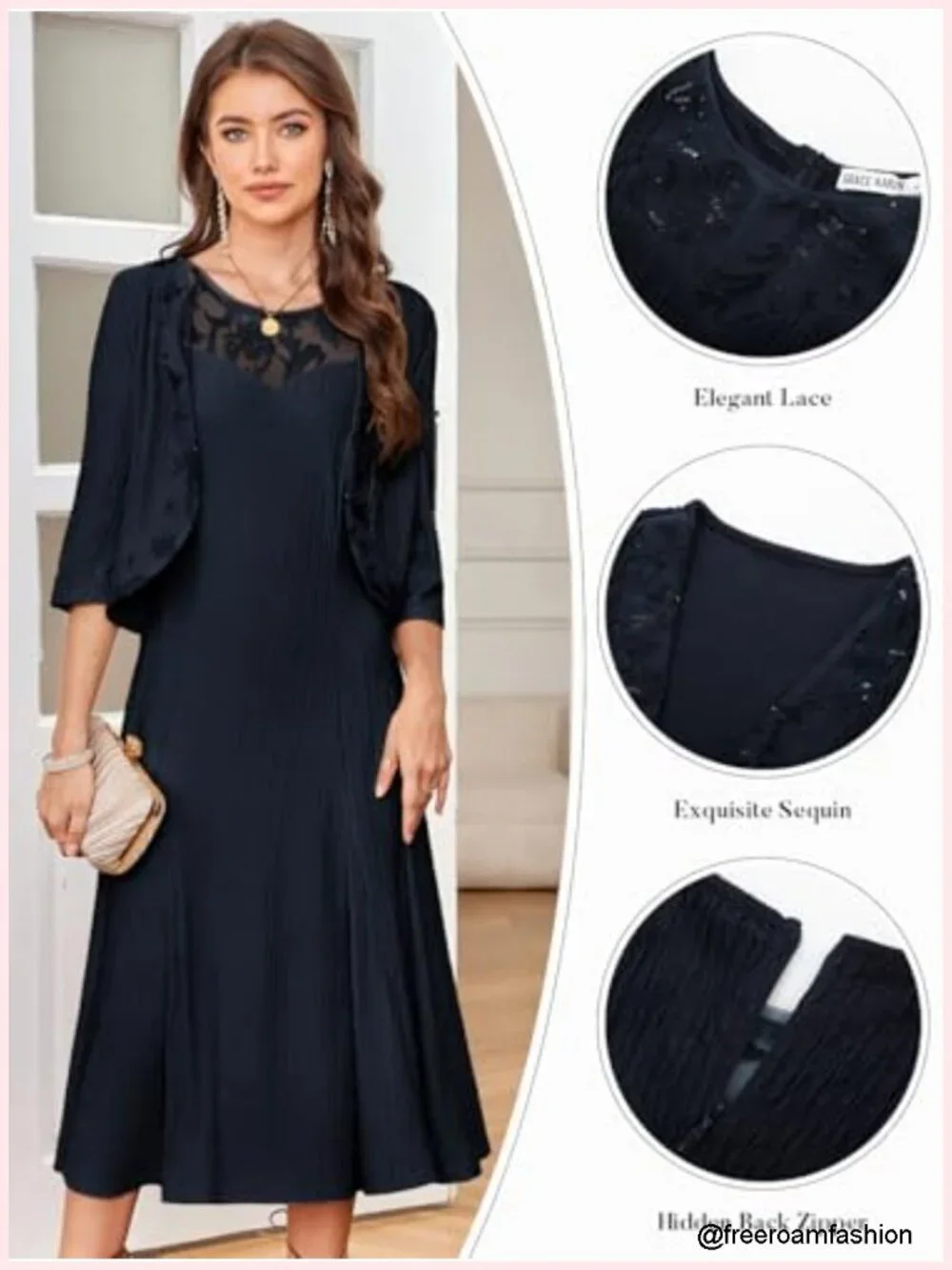 Two-Piece Lace Sequins Midi Dress with Jacket for Wedding Guest Formal Evening